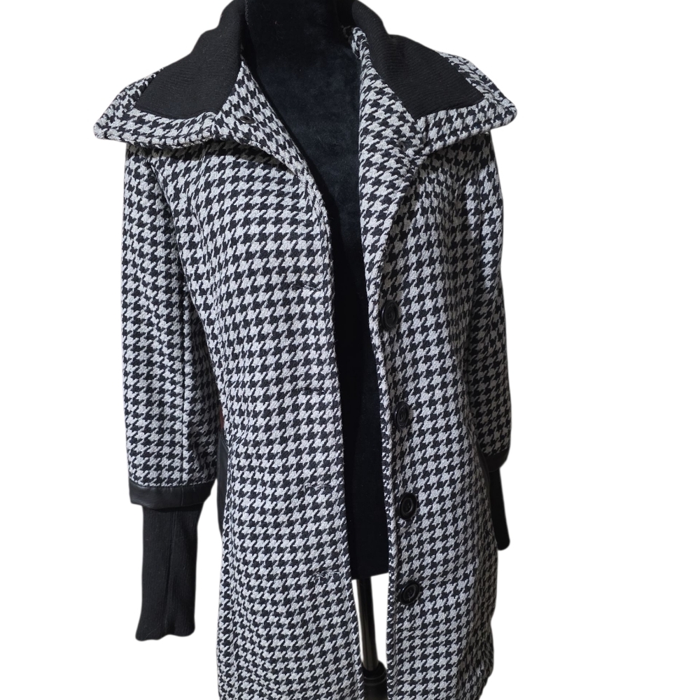 Yoki Black and White Houndstooth Car Coat Length Trench Coat